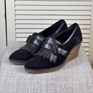 THE FLEXX Suede Black Nubuck Leather Loafer Buckle Kiltie Wedge Oxford Heel Sz 6